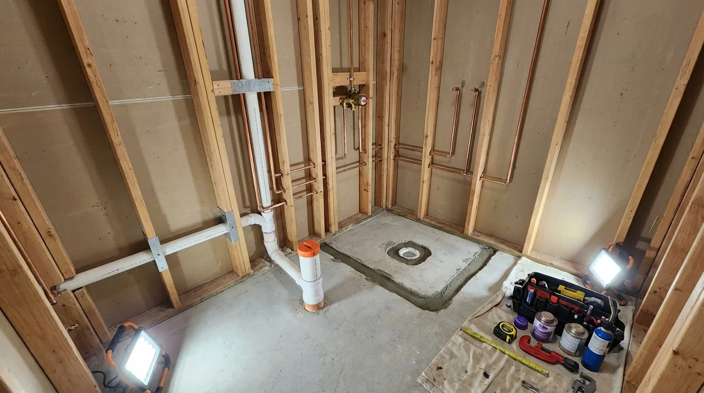 Bathroom rough-in plumbing during remodel by Johns Plumbing LLC in Gillespie