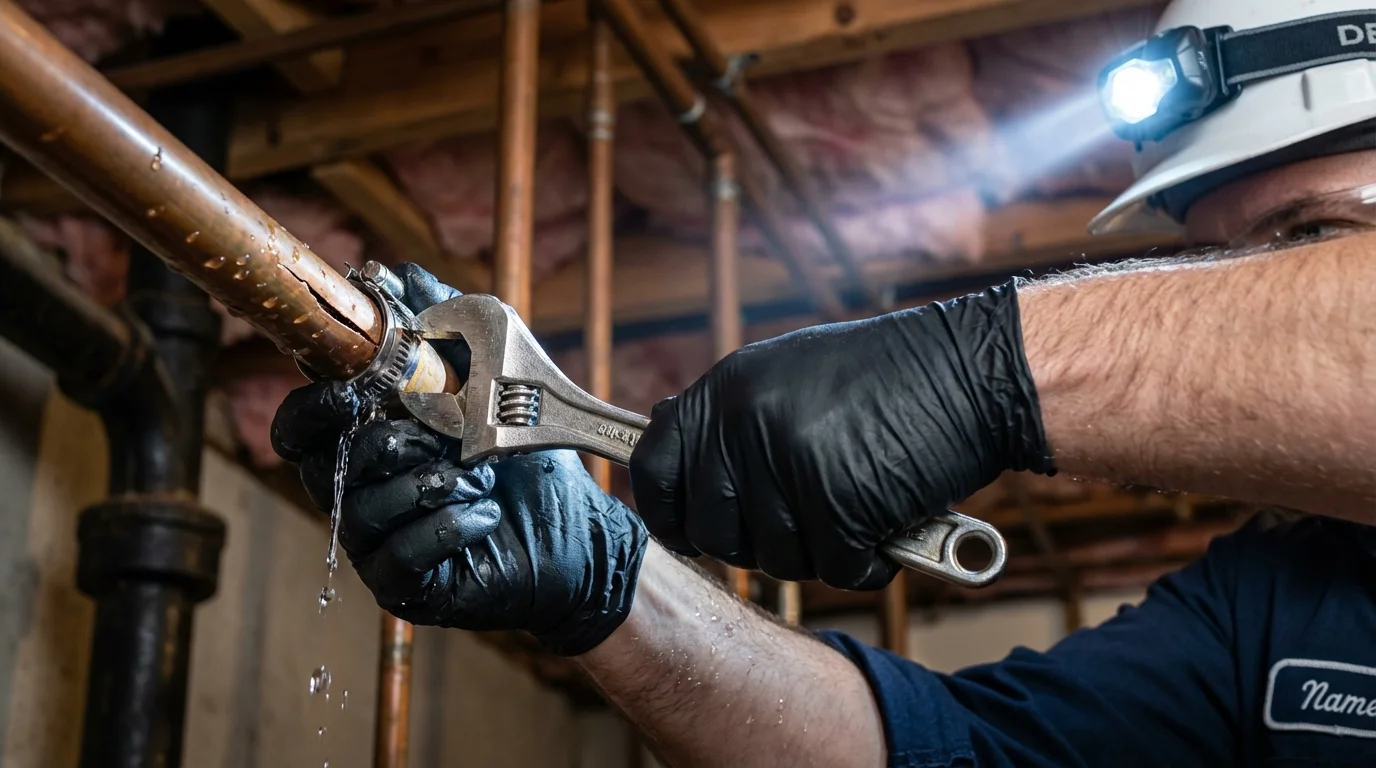 Emergency pipe clamp repair being performed by a Johns Plumbing LLC plumber in Gillespie