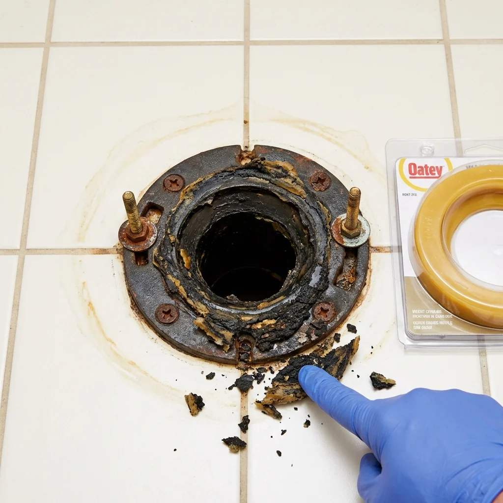 Failed wax ring showing water seepage at the base of a toilet in a Gillespie, IL home