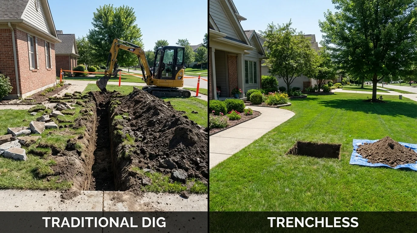 Trenchless sewer repair with minimal yard damage versus traditional excavation in Gillespie, IL